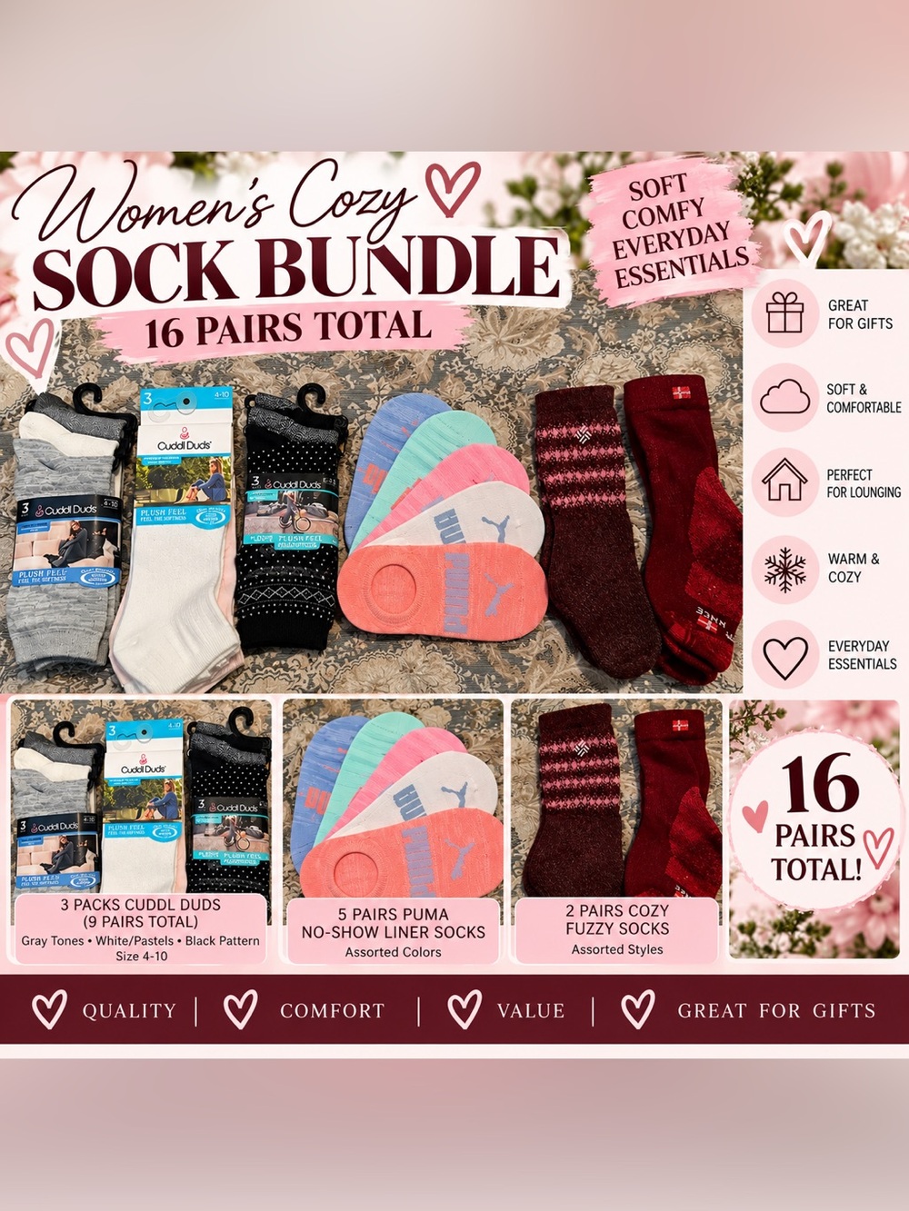 #0397 Women’s Cozy Sock Bundle – 16 Pairs | Cuddl Puma Duds + Assorted Styles - Picture 1 of 1